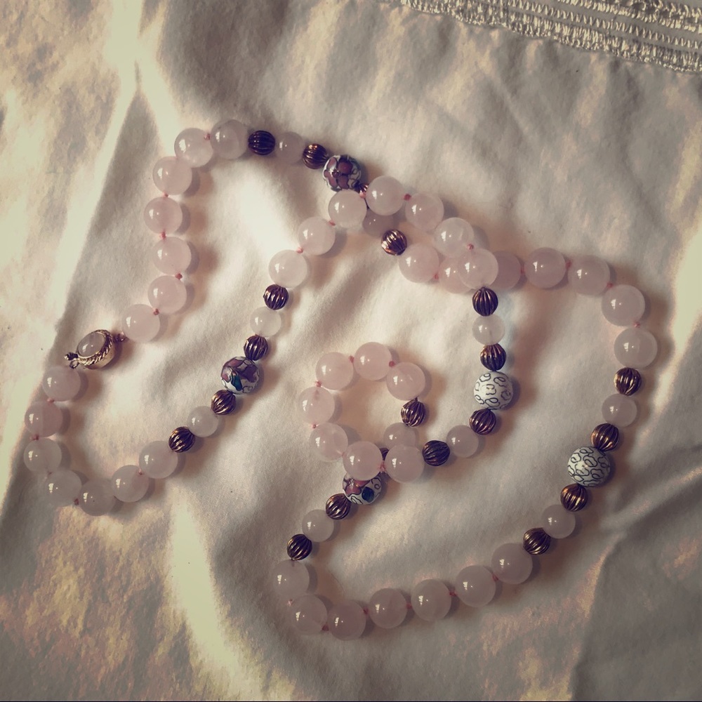 Rose Quartz /Cloissone bead necklace knotted XLNT!